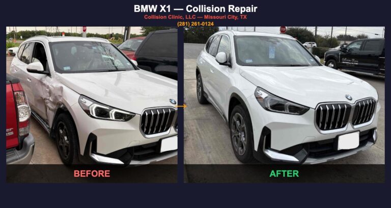 2020 BMW X1 front collision repair, before and after — Collision Clinic, Missouri City TX Five Star Auto Body Repair Insurance Approved