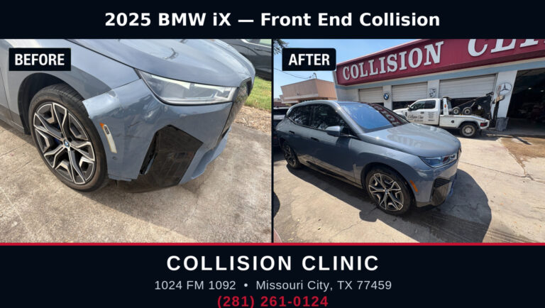 2025 BMW IX front collision repair, before and after — Collision Clinic, Missouri City TX Five Star Auto Body Repair