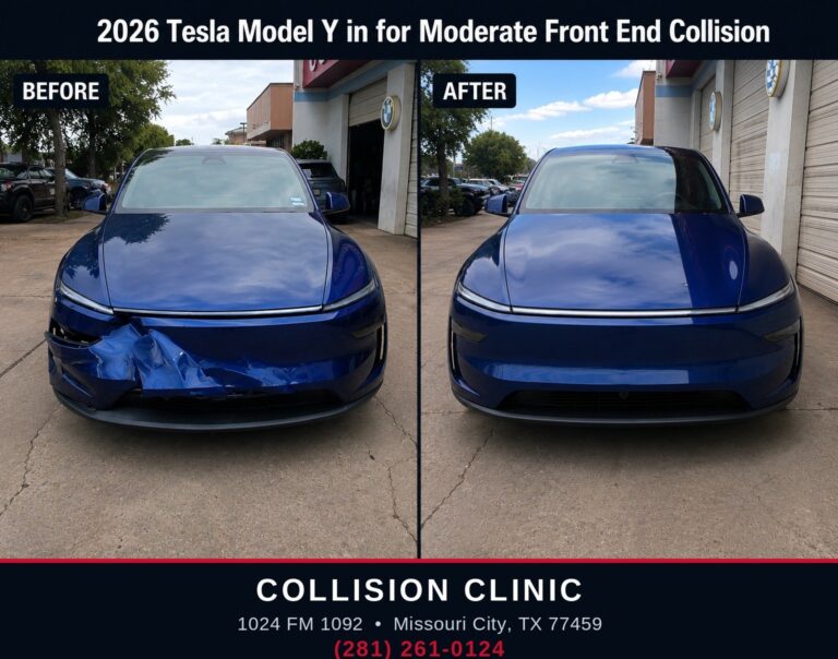 2026 Tesla Model Y front end collision repair, before and after — Collision Clinic, Missouri City TX Five Star Auto Body Repair